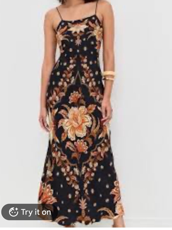 FARM Rio Dresses & Skirts - Silky FARM Rio Black Maxi Slip Dress with Gold-Tan Floral Medallion